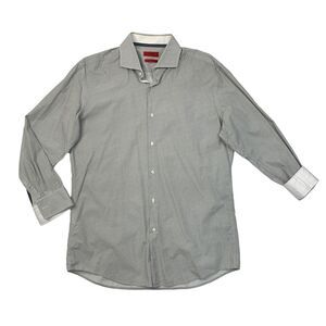 Hugo Boss Shirt Mens 16 SLIM Grizzly Gray White Cotton Button Up Flip Cuff Dress